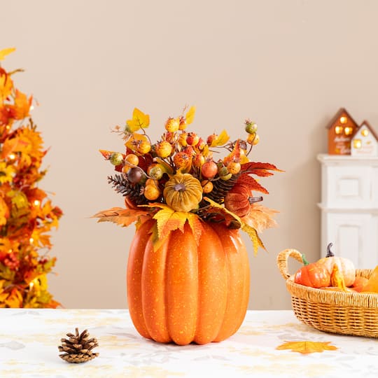 Glitzhome® 15" Fall Velvet Pumpkin, Pinecone & Berry Centerpiece